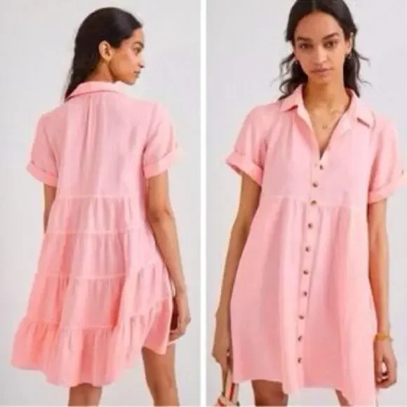 Anthropologie Pilcro Suzanne Peach Coral Pink Button-Up Shirt Dress Size Small - Picture 15 of 15
